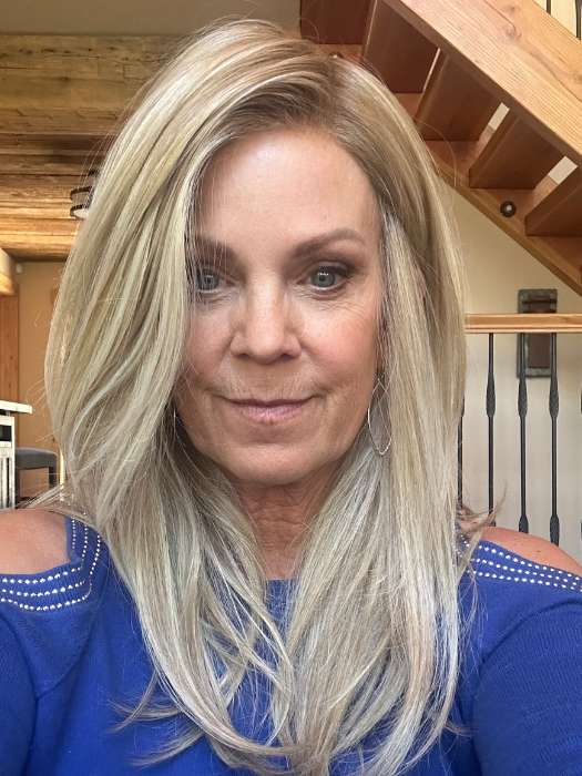 Susan @an_affair_with_hair wearing MUSIC by ELLEN WILLE in color SANDY BLONDE ROOTED 16.22.1001 | Medium Blonde and Light Neutral Blonde with Winter White Blend and Shaded Roots