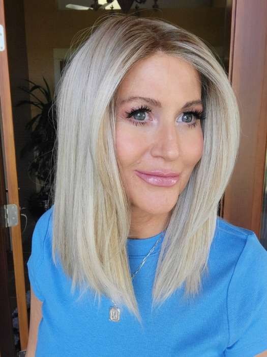 Natalie Gray @vanish.into.thin.hair wearing CALABASAS by BELLETRESS in color CRUSHED ALMOND BLONDE R | A soft Neutral Light Blonde with a Light and Medium Blended Root Color.