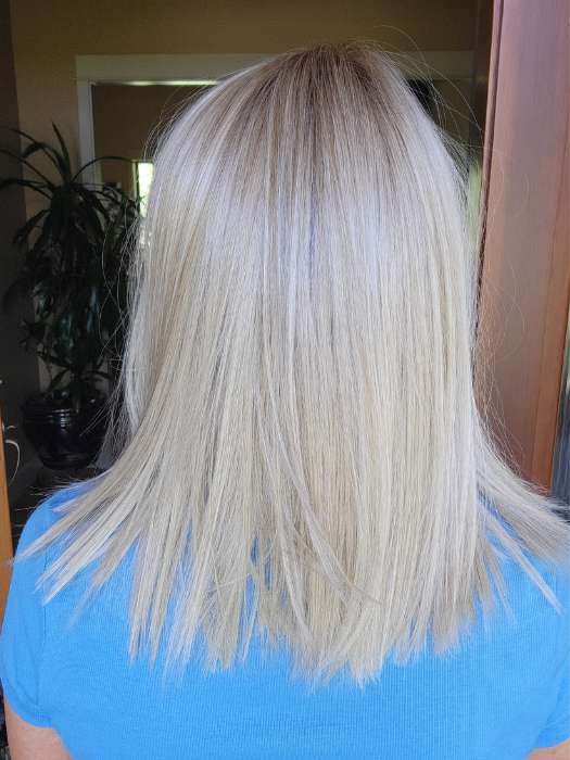 Natalie Gray @vanish.into.thin.hair wearing CALABASAS by BELLETRESS in color CRUSHED ALMOND BLONDE R | A soft Neutral Light Blonde with a Light and Medium Blended Root Color.