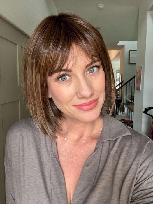 Jenny B. @thewiggygirl wearing CLEO by ELLEN WILLE in color CHOOCLATE ROOTED 830.27.6 | Medium and Dark Brown with Light Auburn and Dark Strawberry Blonde Blend with Shaded Roots