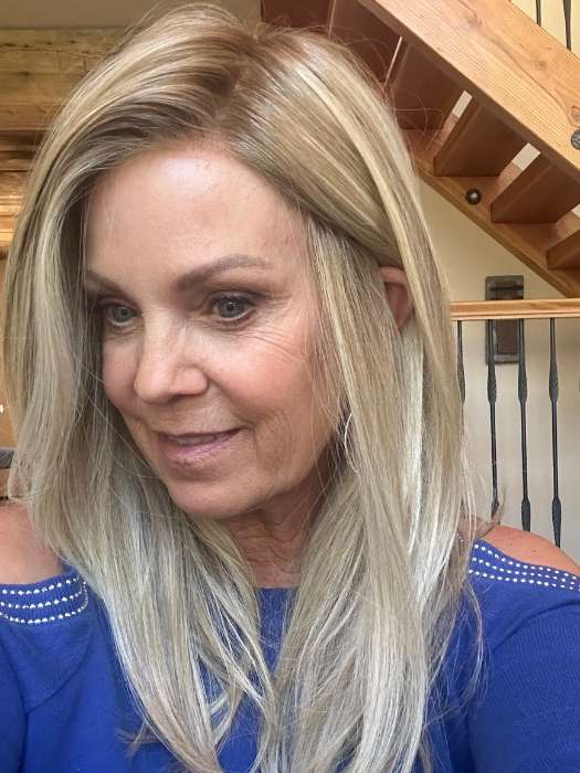 Susan @an_affair_with_hair wearing MUSIC by ELLEN WILLE in color SANDY BLONDE ROOTED 16.22.1001 | Medium Blonde and Light Neutral Blonde with Winter White Blend and Shaded Roots