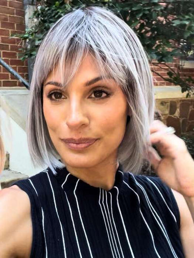 Roxie @thelovelyroxx wearing CLEO by ELLEN WILLE in color ICE BLUE TIPPED | Darkest Brown and Blue with Pearl Platinum and Pure White Blend with Lighter