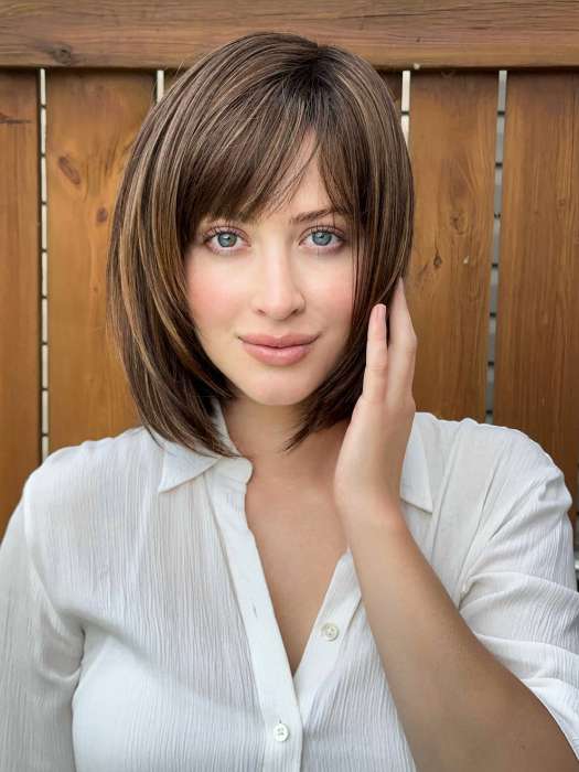 Steph @wigswithsteph wearing ALVA by NORIKO in color MARBLE-BROWN-R | Medium Brown Evenly Blended with Light Honey Brown With Dark Roots