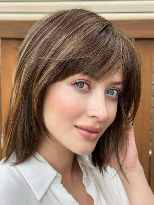 Steph @wigswithsteph wearing ALVA by NORIKO in color MARBLE-BROWN-R | Medium Brown Evenly Blended with Light Honey Brown With Dark Roots