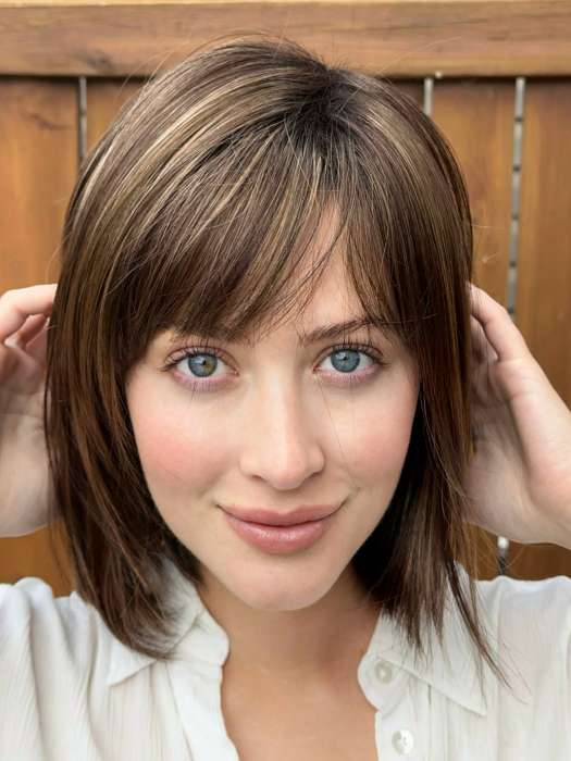 Steph @wigswithsteph wearing ALVA by NORIKO in color MARBLE-BROWN-R | Medium Brown Evenly Blended with Light Honey Brown With Dark Roots