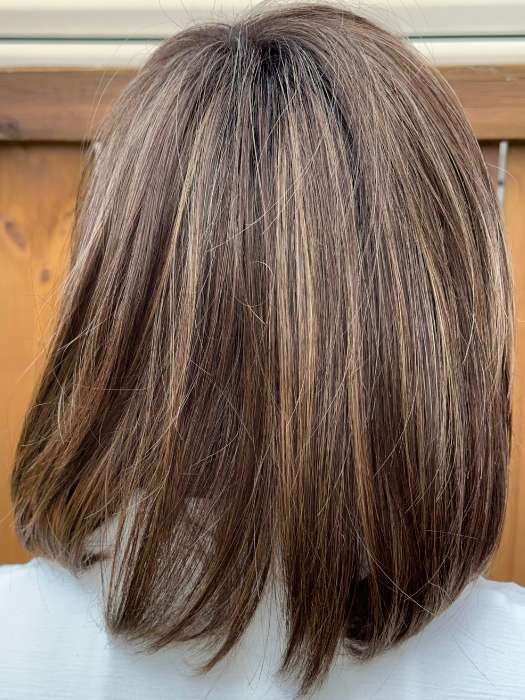 Steph @wigswithsteph wearing ALVA by NORIKO in color MARBLE-BROWN-R | Medium Brown Evenly Blended with Light Honey Brown With Dark Roots