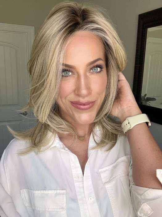 Kristyna Moore @kristynamoore wearing DREW by JON RENAU in color 22F16S8 VENICE BLONDE | Light Ash Blonde and Light Natural Blonde Blend Shaded with Medium Brown