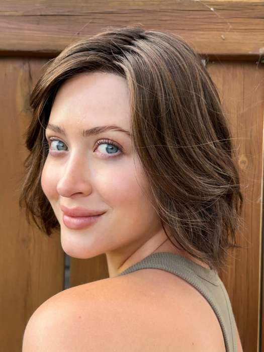 Steph @wigswithsteph wearing ESPRIT by ELLEN WILLE in color DARK-CHOCOLATE-ROOTED 6.30.4 | Dark Brown Base with Light Reddish Brown Highlights with Dark Roots Edit alt text