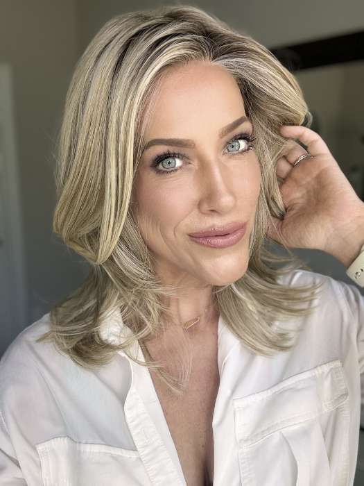 Kristyna Moore @kristynamoore wearing DREW by JON RENAU in color 22F16S8 VENICE BLONDE | Light Ash Blonde and Light Natural Blonde Blend Shaded with Medium Brown