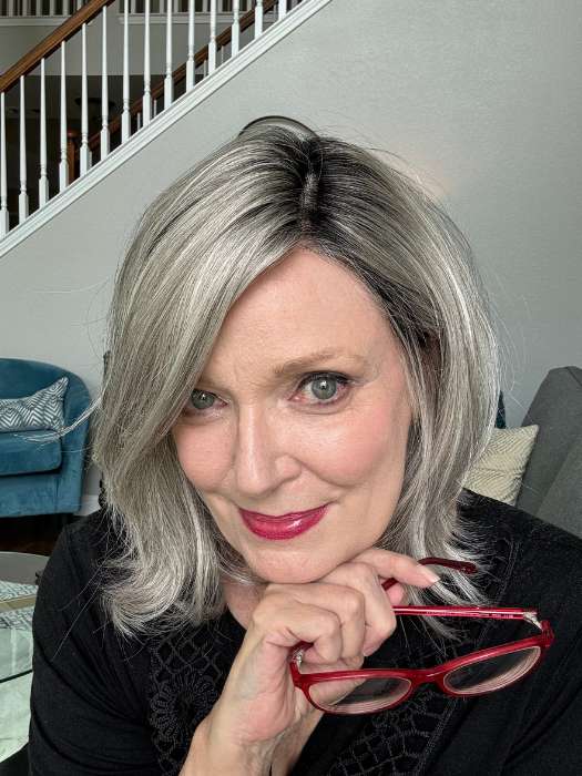 Mel B. @mels.be.ageless wearing DESTINY by ELLEN WILLE in color DARK SNOW ROOTED 56.60.48 | Lightest Brown Blended with Grey and Pearl White with Shaded Roots