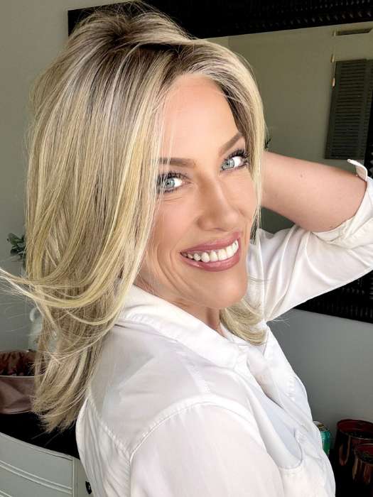 Kristyna Moore @kristynamoore wearing DREW by JON RENAU in color 22F16S8 VENICE BLONDE | Light Ash Blonde and Light Natural Blonde Blend Shaded with Medium Brown