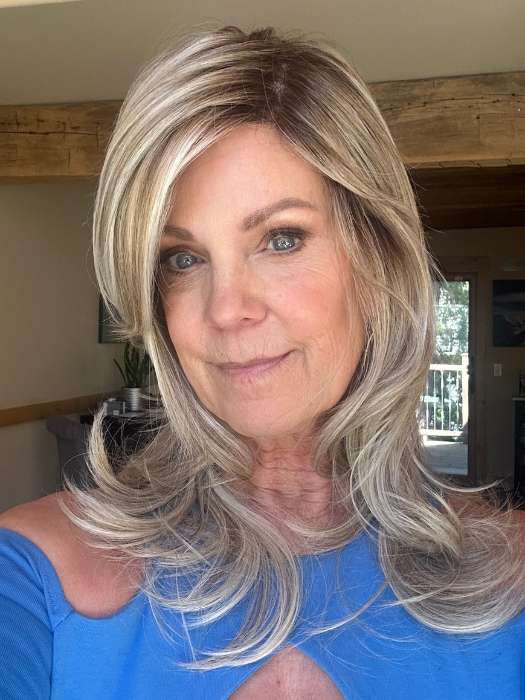 Susan @an_affair_with_hair wearing VOICE by ELLEN WILLE in color PEARL BLONDE ROOTED 101.20.25 | Pearl Platinum Blended with Light Strawberry Blonde and Lightest Golden Blonde with Shaded Roots