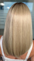 Roxie wearing SLONE by RENE OF PARIS in BUTTERCREAM BLONDE R | Light Ash Blonde, Medium Honey Blonde, and Pale Gold Hues blended