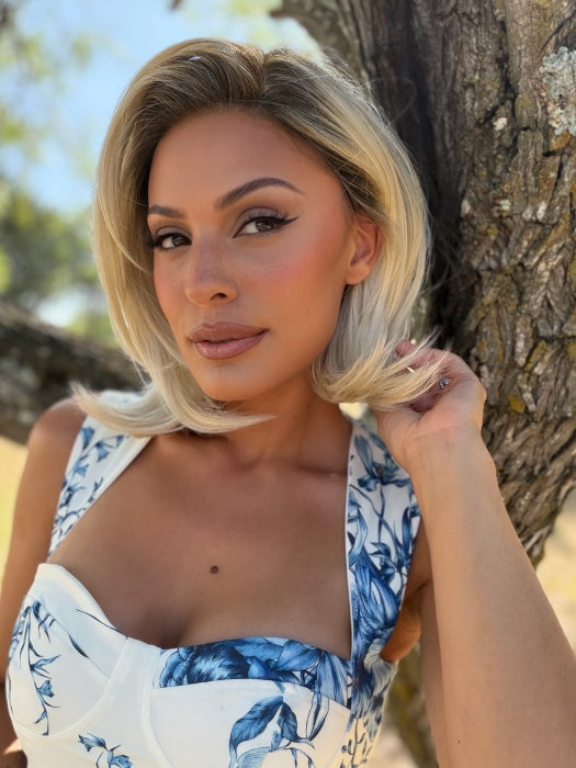 Roxie wearing THE BETTER HALF by TRESSALLURE in 613/1001/R18 | Vanilla Blonde Platinum White Blend Rooted Ash  