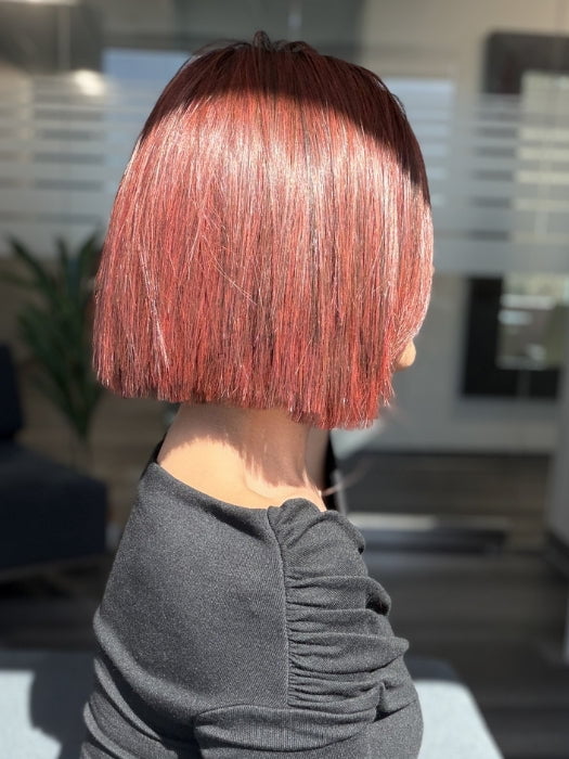 Roxie wearing CUTTING EDGE by GABOR in GF132SS SANGRIA | Intense Fiery Red with dark roots and blended highlights for dimension and depth