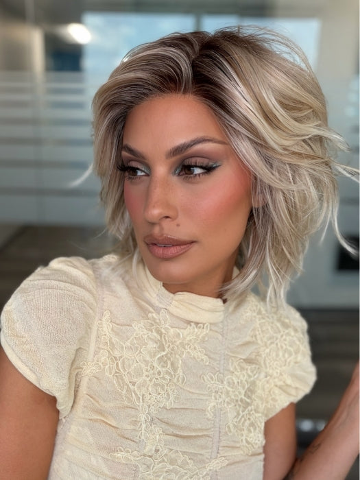 Roxie wearing BROADWAY by BELLETRESS in MILKSHAKE BLONDE R | A mixture of Light Sandy Brown, Highlighted with Light Ash Blonde with a Hint of Light Platinum Blonde with a Medium Root Color