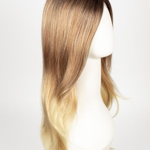 MELTED-SUNSET | Medium brown roots that melt into a peachy light brown blend layered on top of apricot blonde and intense gold blonde at nape