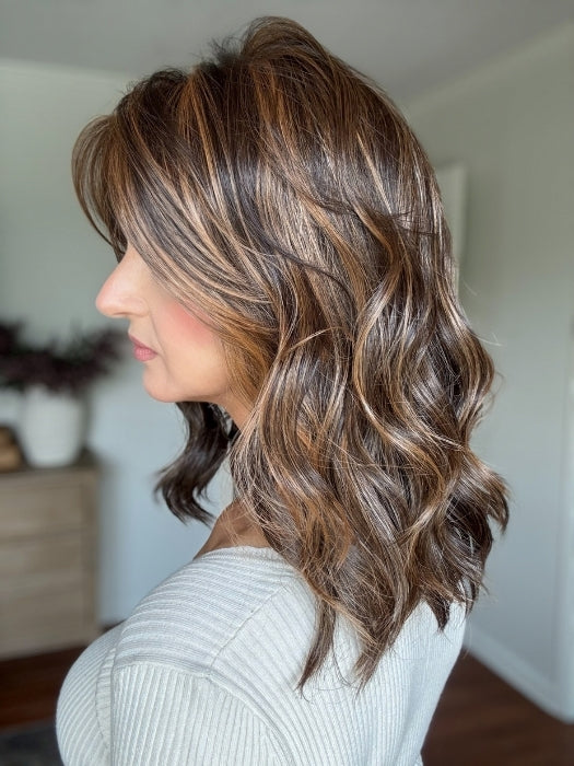 Sandy wearing OXFORD by BELLETRESS in MOCHA MAPLE BROWN | A mix of Dark Brown, Medium Brown, Light Auburn, Medium Strawberry