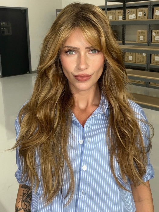 Madeline wearing GAIA by BELLETRESS in BUTTER PECAN R | A blonde/red blend with a golden-beige base swirled with soft
