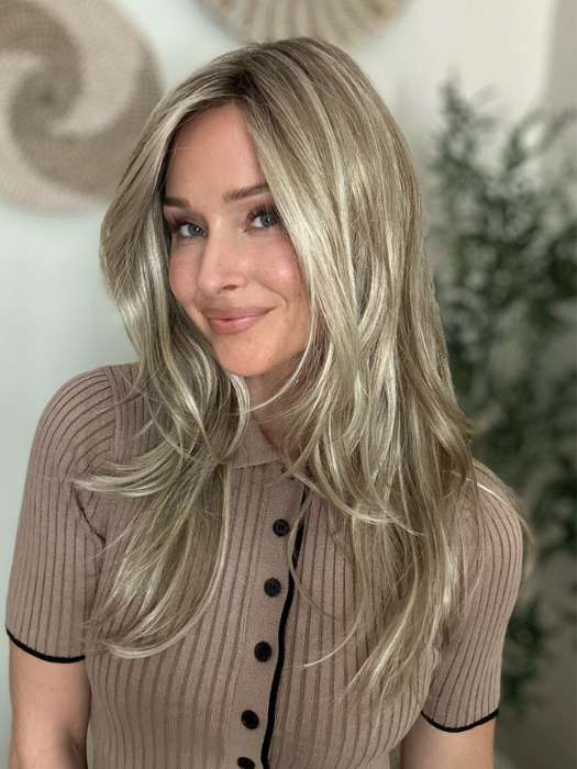 Heather @cjswigs wearing BLAZE by TRESSALLURE in color CHIFFON-CANDY | Dark Gold Blonde with shadowed roots and Gold Blonde highlights