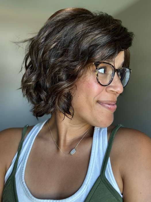 Brea @getwiggywithbrea wearing DANCE by ELLEN WILLE in color CHOCOLATE ROOTED 6.30 | Medium to Dark Brown base with Light Reddish Brown highlights and Dark Roots
