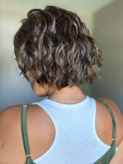 Brea @getwiggywithbrea wearing DANCE by ELLEN WILLE in color CHOCOLATE ROOTED 6.30 | Medium to Dark Brown base with Light Reddish Brown highlights and Dark Roots