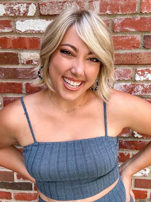 Jen Brown @being_mrs_brown wearing ESPRIT by ELLEN WILLE in color CHAMPAGNE-ROOTED 22.25.26 | Light Beige Blonde, Medium Honey Blonde, and Platinum Blonde Blend with Dark Roots