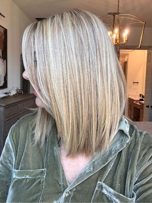 Jenny B. @thewiggygirl wearing CALABASAS by BELLETRESS in color CARAMEL BLONDE R | Light Brown Rooted, with a blend of Light Gold Blonde, hint of Strawbery Blonde and Light Auburn with the balance of Cool, Light Blonde Highlights.