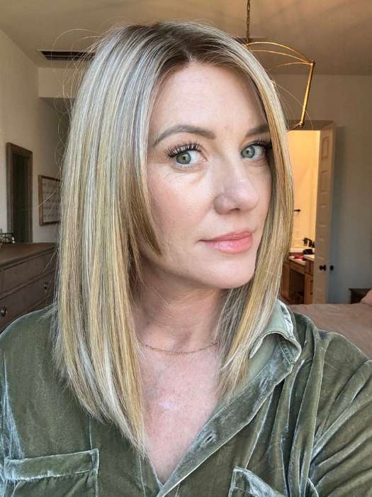 Jenny B. @thewiggygirl wearing CALABASAS by BELLETRESS in color CARAMEL BLONDE R | Light Brown Rooted, with a blend of Light Gold Blonde, hint of Strawbery Blonde and Light Auburn with the balance of Cool, Light Blonde Highlights.