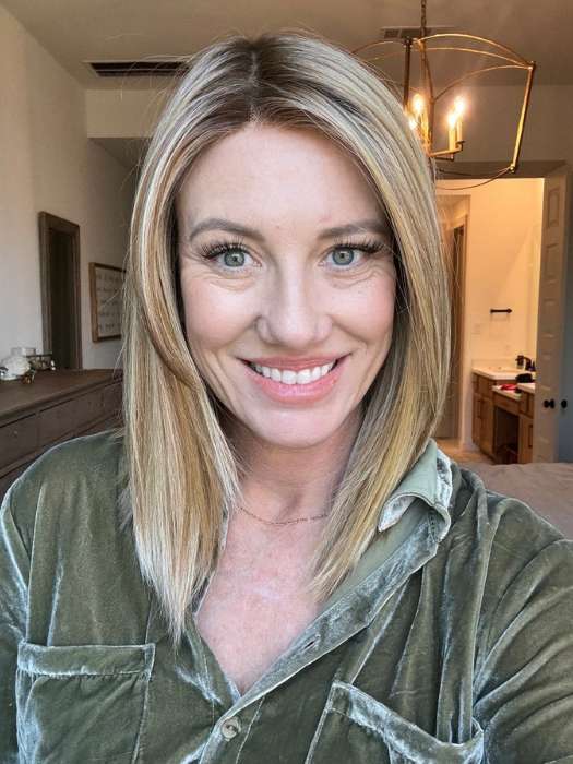 Jenny B. @thewiggygirl wearing CALABASAS by BELLETRESS in color CARAMEL BLONDE R | Light Brown Rooted, with a blend of Light Gold Blonde, hint of Strawbery Blonde and Light Auburn with the balance of Cool, Light Blonde Highlights.