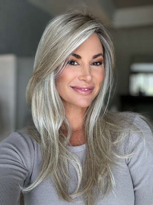 Katy C. @thewigeducator wearing MIRAGE by ELLEN WILLE in color CHAMPAGNE-ROOTED 24.25.20 | Light Beige Blonde, Medium Honey Blonde, and Platinum Blonde Blend with Dark Roots