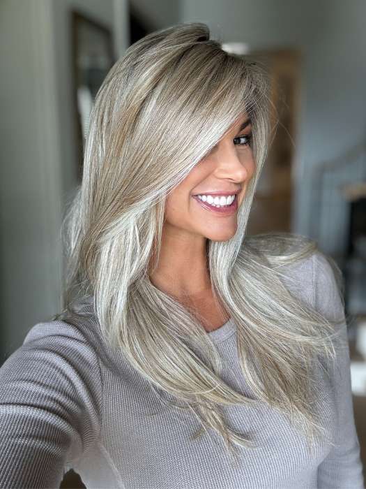 Katy C. @thewigeducator wearing MIRAGE by ELLEN WILLE in color CHAMPAGNE-ROOTED 24.25.20 | Light Beige Blonde, Medium Honey Blonde, and Platinum Blonde Blend with Dark Roots