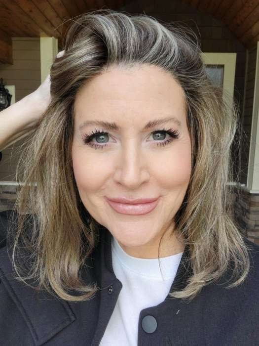 Natalie @vanish.into.thin.hair wearing DESTINY by ELLEN WILLE in color SAND MULTI ROOTED | Lightest Brown and Medium Ash Blonde Blend with Light Brown Roots
