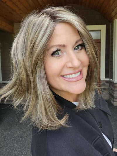 Natalie @vanish.into.thin.hair wearing DESTINY by ELLEN WILLE in color SAND MULTI ROOTED | Lightest Brown and Medium Ash Blonde Blend with Light Brown Roots
