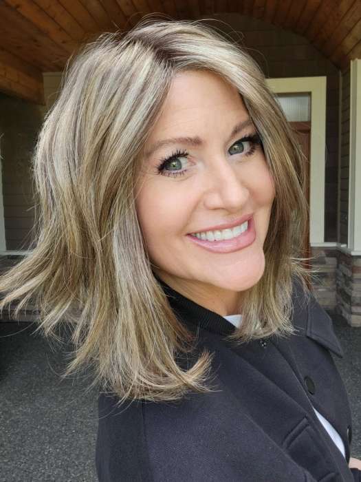 Natalie @vanish.into.thin.hair wearing DESTINY by ELLEN WILLE in color SAND MULTI ROOTED | Lightest Brown and Medium Ash Blonde Blend with Light Brown Roots