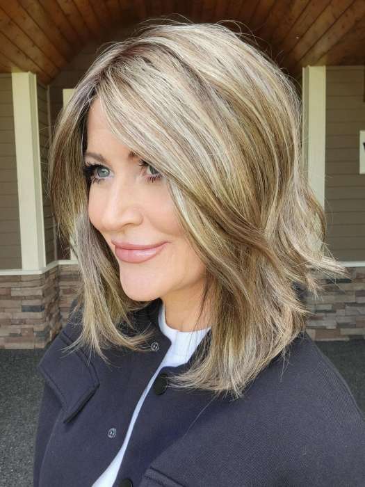 Natalie @vanish.into.thin.hair wearing DESTINY by ELLEN WILLE in color SAND MULTI ROOTED | Lightest Brown and Medium Ash Blonde Blend with Light Brown Roots