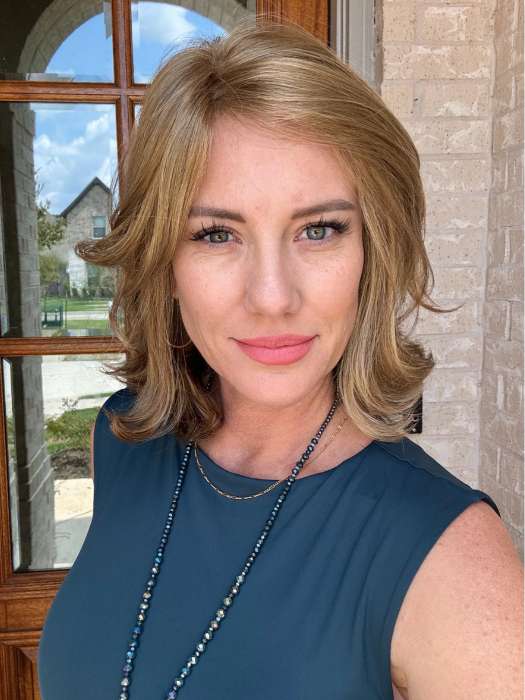 Jenny B. @thewiggygirl wearing CLARA by RENE OF PARIS in color GOLDEN-TRUFFLE-BLOND | Champagne Blond with hints of Pale Cream and Shimmering Gold Highlights
