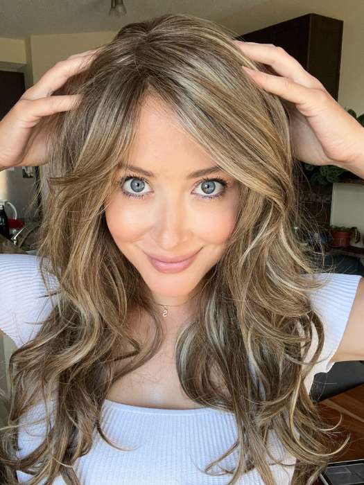 Steph @wigswithsteph wearing LYNDON by RENE OF PARIS in color CASHMERE-BROWN-SR | Slightly Rooted Medium Beige Brown base with woven Velvet Blonde Highlights
