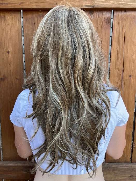 Steph @wigswithsteph wearing LYNDON by RENE OF PARIS in color CASHMERE-BROWN-SR | Slightly Rooted Medium Beige Brown base with woven Velvet Blonde Highlights
