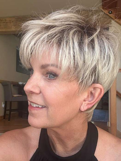 Susan @an_affair_with_hair wearing ELAN by ELLEN WILLE in color LIGHT-CHAMPAGNE-ROOTED 101.15.12 | Lightest Pale Blonde, Lightest Ash Blonde, and Light Golden Blonde with Dark Shaded Roots 