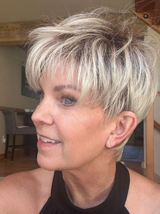 Susan @an_affair_with_hair wearing ELAN by ELLEN WILLE in color LIGHT-CHAMPAGNE-ROOTED 101.15.12 | Lightest Pale Blonde, Lightest Ash Blonde, and Light Golden Blonde with Dark Shaded Roots 