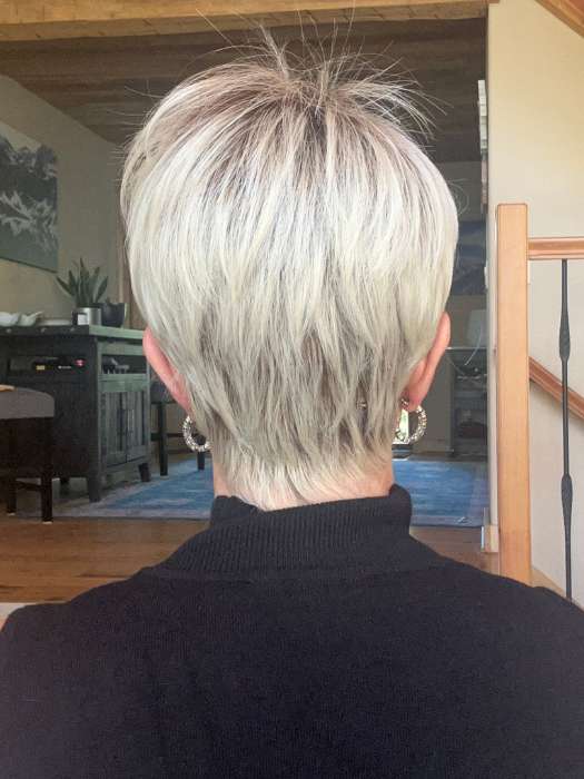 Susan @an_affair_with_hair wearing ELAN by ELLEN WILLE in color LIGHT-CHAMPAGNE-ROOTED 101.15.12 | Lightest Pale Blonde, Lightest Ash Blonde, and Light Golden Blonde with Dark Shaded Roots 