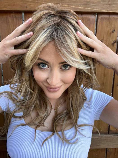 Steph @wigswithsteph wearing CALIFORNIA BEACH WAVES by TRESSALLURE in color 14/26/R10 | Red Blonde with Gold Blonde highlights and Light Brown roots