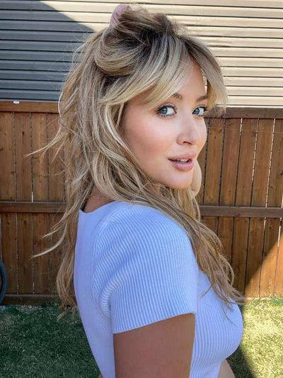 Steph @wigswithsteph wearing CALIFORNIA BEACH WAVES by TRESSALLURE in color 14/26/R10 | Red Blonde with Gold Blonde highlights and Light Brown roots