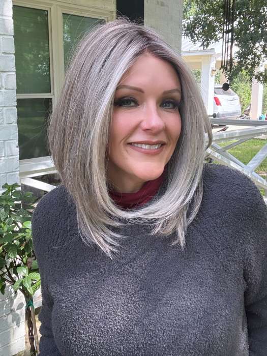 Marcie @wig.obsessed wearing UNDERCUT BOB by TRESSALLURE in color 56/60/R8 | Lightest Grey Blend Rooted Medium Brown