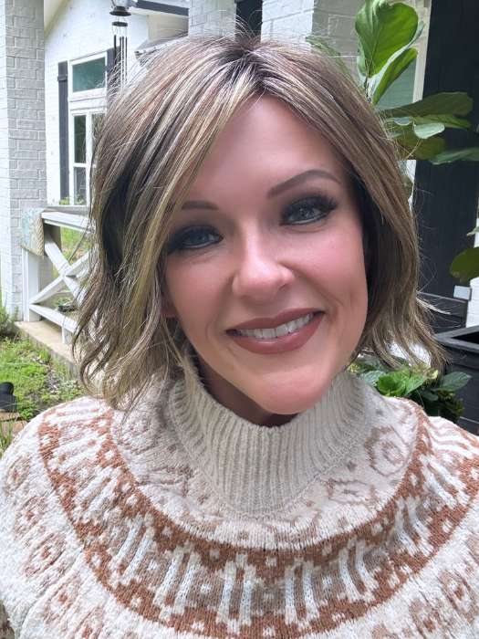 Marcie @wig.obsessed wearing ESPRIT by ELLEN WILLE in color BERNSTEIN-ROOTED 12.26.19 | Light Brown Base with subtle Light Honey Blonde and Light Butterscotch Blonde Highlights and Dark Roots