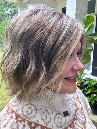 Marcie @wig.obsessed wearing ESPRIT by ELLEN WILLE in color BERNSTEIN-ROOTED 12.26.19 | Light Brown Base with subtle Light Honey Blonde and Light Butterscotch Blonde Highlights and Dark Roots