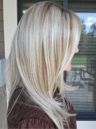 Natalie @vanish.into.thin.hair wearing LAUREN by BELLETRESS in color BURNT BISCUIT BLONDE | A Blend of Sand, Honey, and Creamy Soft Blonde with a Medium Root | outdoor shade lighting