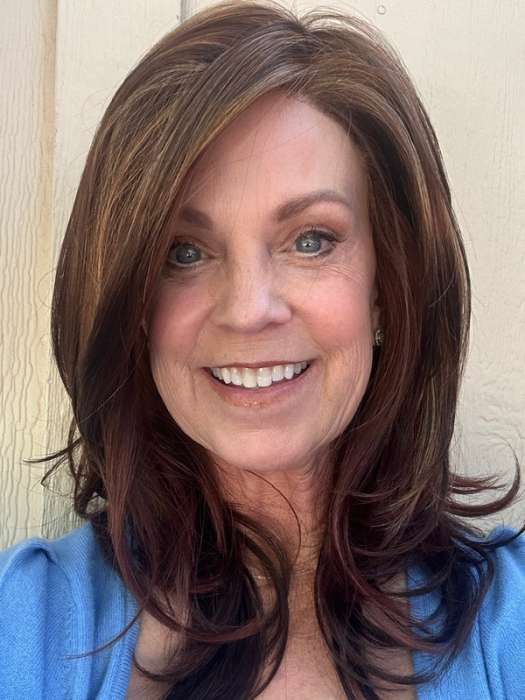 Susan @an_affair_with_hair wearing MIRANDA by JON RENAU in color 32F CHERRY CREME | Medium Red & Medium Red-Gold Blonde Blend with Medium Red Nape | outdoor lighting