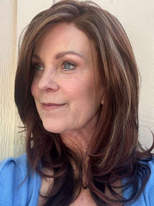 Susan @an_affair_with_hair wearing MIRANDA by JON RENAU in color 32F CHERRY CREME | Medium Red & Medium Red-Gold Blonde Blend with Medium Red Nape | outdoor lighting